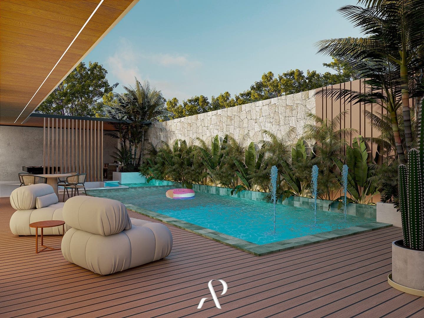 Área social con piscina y vegetación tropical