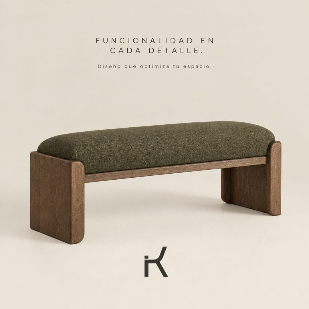 Bench tapizado en verde con base de madera