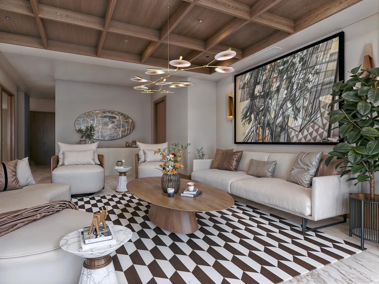 Living con techo de madera y piso geométrico
