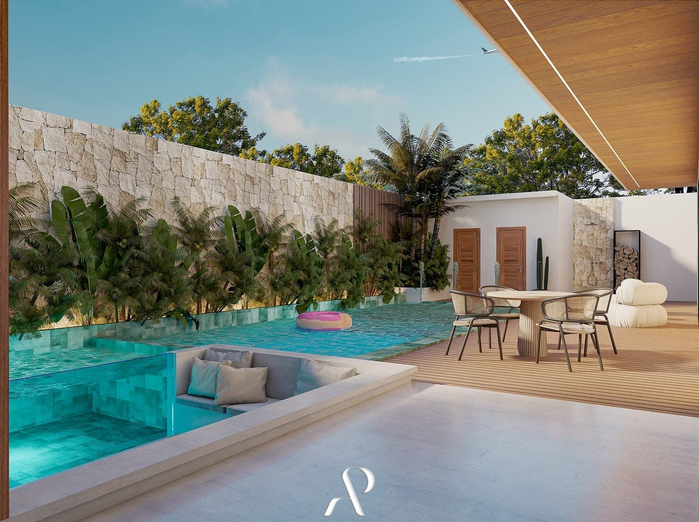 Terraza con comedor exterior junto a la piscina
